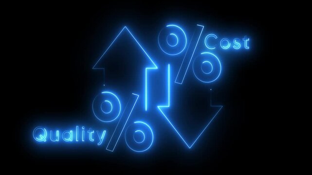 Quality control and company cost reduction. Cost and quality control concept. Successful organization strategy and management. Percentage icon of quality with up arrow and cost with down arrow.