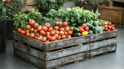 Fresh tomatoes, cucumbers, and leafy greens in rustic wooden crates at a market.
