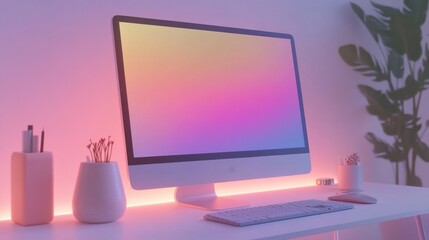 Modern Workspace with Stylish Computer and Ambient Lighting, Featuring Soft Colors and Cozy Decor for a Productive and Inspired Environment