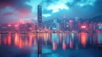 Fototapeta premium A vibrant city skyline at dusk, reflecting lights on water.