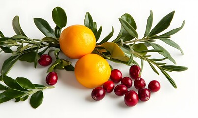Tangerines and cranberries with green sprigs on a white background.