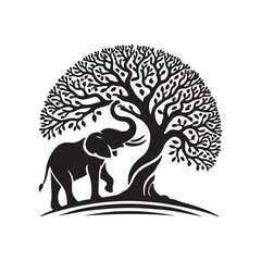 elephant and tree silhouette vector line art logo illustration