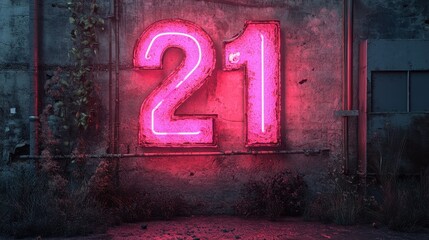 Neon Number 21, Pink Neon Light Glowing on Dark Concrete Display With Copy Space. 3D Illustration.