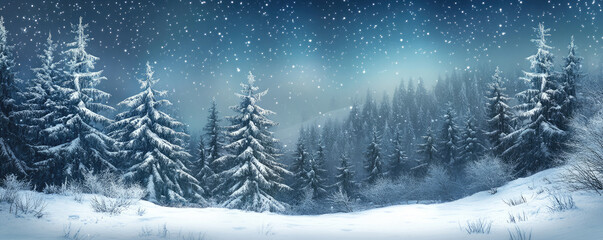 Fototapeta premium Fairytale forest covered with snow in moonlight Christmas and New Year winter night. Banner with copy space.