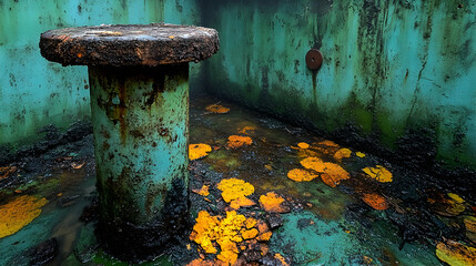 Rusted metal post in abandoned, waterlogged boat interior with decaying leaves.