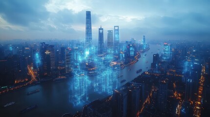 A futuristic city of Shanghai, featuring holographic projection display technology and digital blue lights on the river in China. Aerial high view.