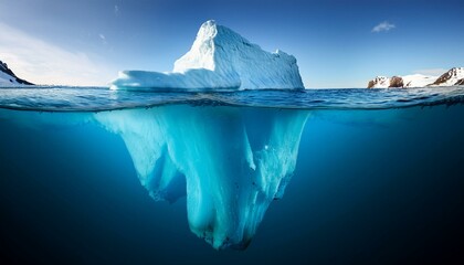 A glacier or iceberg showing the above and below the ocean or sea; blue iceberg glacier in the ocean showing above and below the water; landscape photography; cold continent; ice and snow; ocean sea