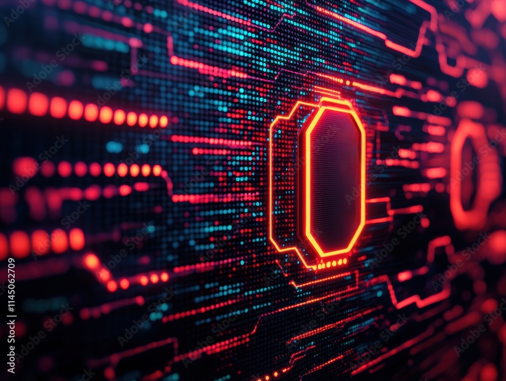 Poster futuristic red and blue neon circuit board pulsating with data