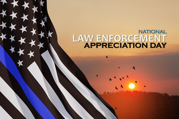Law enforcement appreciation day is observed every year on January 9. USA flag and inscription on background of sunset sky with flying birds.