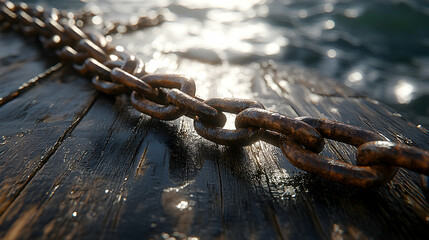 Rusty chain on wet wooden surface near water.