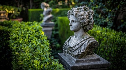 Fototapeta premium Stone bust of a woman in a lush garden.