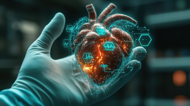 floating anatomical heart model is a floating anatomical heart model with a surgical glove reaching out, a teal hud display with hexagonal medical symbols, advanced cardiac treatment,