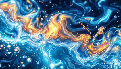 Swirling cosmic clouds of blue and orange gas with glowing stars and nebulae, creating a vibrant and dynamic celestial landscape.