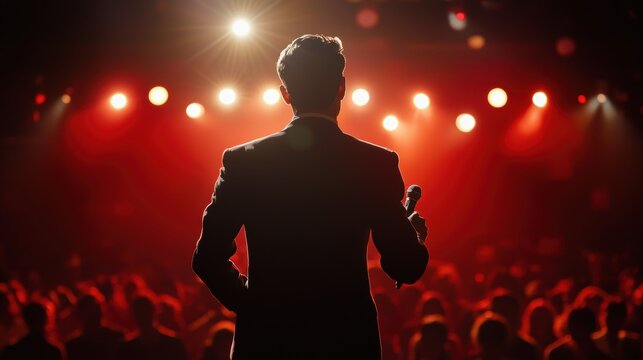 Quiz Master on Stage Under Bright Spotlights with Enthusiastic Audience in Background for Event Promotion