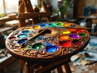 Colorful paint palette and brushes illuminate an artist's workspace filled with creativity and inspiration