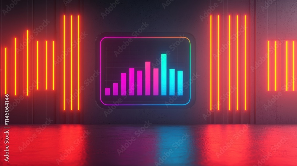 Poster futuristic neon sign displaying growing bar chart in digital market analysis dashboard