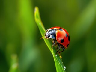 Fototapeta premium Bright ladybug perched delicately on a green blade of grass under the warm sunlight in a fresh garden setting