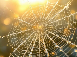 Fototapeta premium Captivating spider web adorned with glistening dew drops glows in the warm morning light, showcasing nature's intricate artistry at dawn in a serene landscape