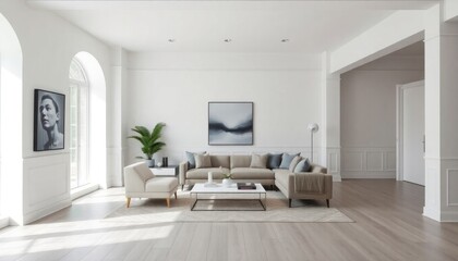 Fototapeta premium A sleek modern loft living room with whitewashed skirting boards, contemporary art, and minimalistic design pieces for an elegant space