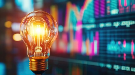 Illuminating business insights light bulb over digital data charts in modern office space