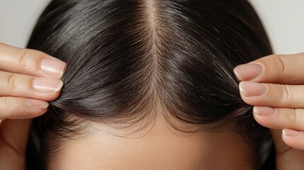 Naklejka premium Woman's hands parting thinning hair, close-up, neutral color palette