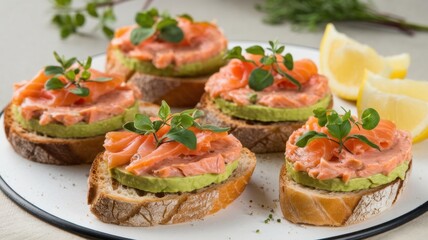 A dish with smoked salmon and avocado tartare. Tartare is spread on slices of toasted bread. The top is decorated with lemon slices.