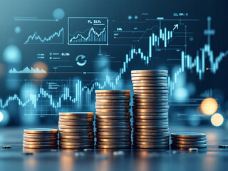 Golden coins stacked with rising graph, city skyline background symbolizing financial growth.