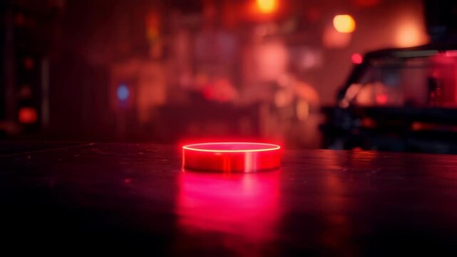 A glowing red circular pie chart device on a table with a blurred background, creating a futuristic and modern ambiance.