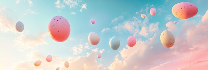 Easter eggs floating in a dreamy gradient sky with clouds