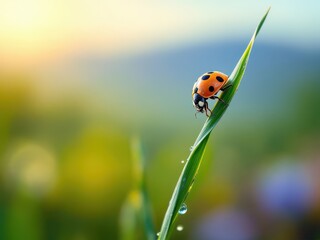 Obraz premium Ladybug perched delicately on a green blade of grass, basking in the warm sunlight of a tranquil morning