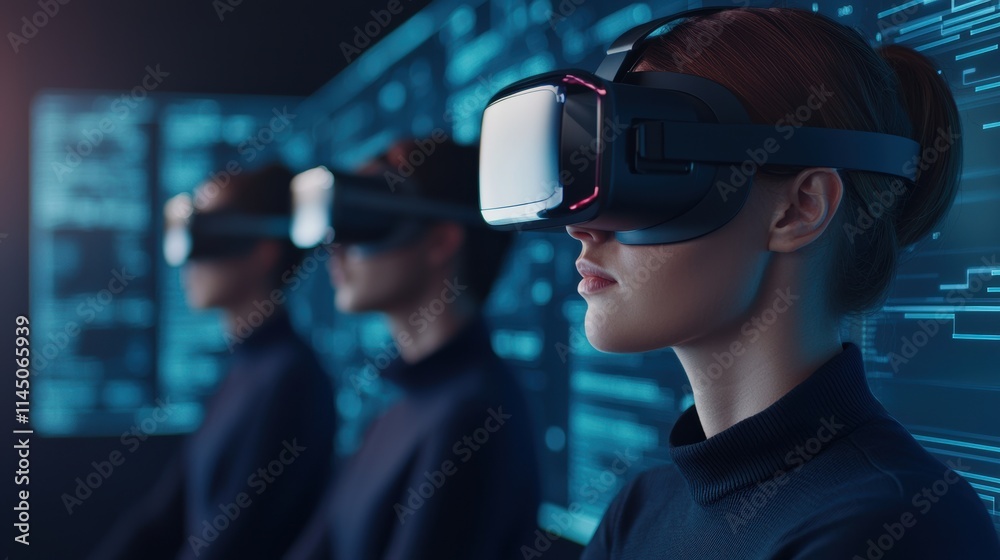 Poster Software engineers using virtual reality headsets in futuristic environment