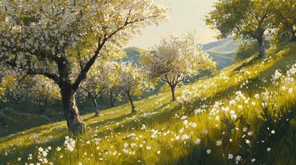 Blooming Hillside Orchard: A Springtime Scene of Flowering Trees and Sunlit Meadows