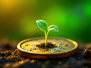 Stacked coins with growing plants symbolizing financial growth and potential.