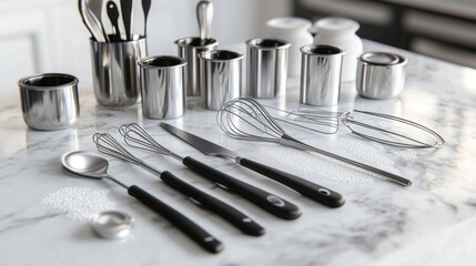 Stainless steel kitchen utensils and containers on marble.