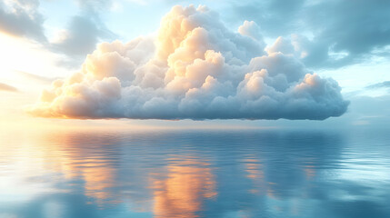 Serene sunset cloudscape reflected in calm ocean water.
