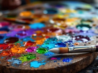 Fototapeta premium Vibrant colors blend on a painter's palette with brushes resting nearby during the creative process