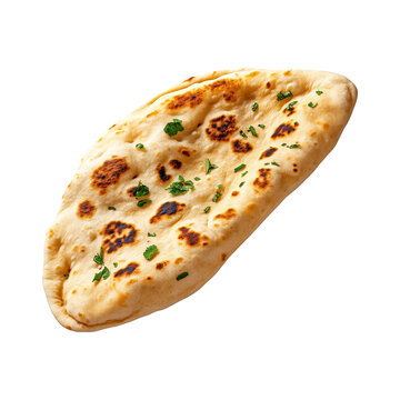 A close-up of naan bread showcasing its golden crust and herbs, isolated on white transparent background, concept of food.