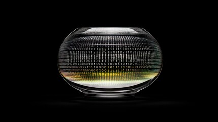 Glass sphere with binary code inside on black background.