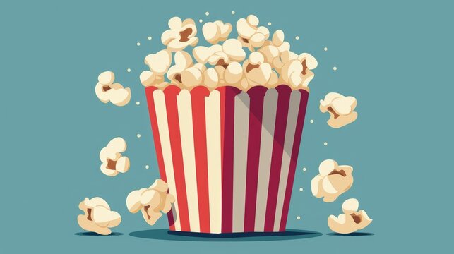 Overflowing red and white striped popcorn bucket with kernels flying out.