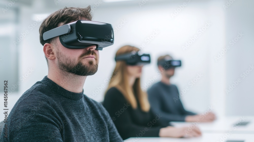 Aufkleber students using virtual reality headsets in modern classroom for training