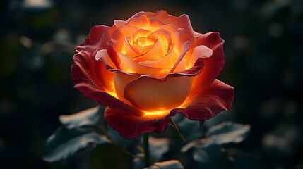 Glowing rose with fiery petals in dark background.