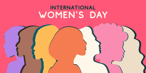 international women's day march 8 web banner, 3D Silhouette profile Group of Women different race and ethnicity in different shades diversity concept	