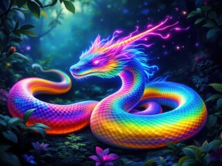 Fototapeta premium Vibrant Rainbow Serpent in Enchanted Forest