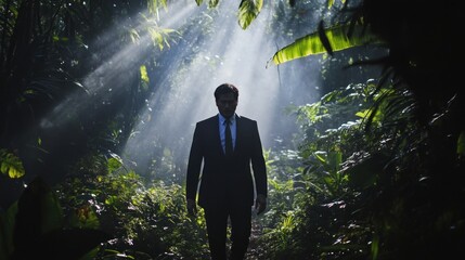 Fototapeta premium A businessman walks through a sun-dappled jungle path.