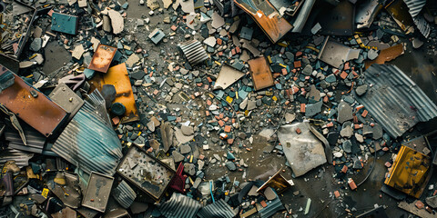 Scattered Debris of Metal Sheeting, Concrete, and Rubble