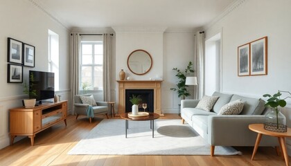 Fototapeta premium A townhouse living room with light oak skirting boards, Scandinavian-inspired furniture, and neutral tones for a fresh