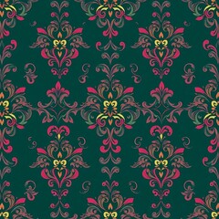 Fototapeta premium Emerald Damask Pattern: A sophisticated and elegant seamless pattern featuring a traditional damask design in rich emerald green, vibrant pink, and golden yellow.
