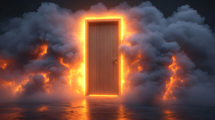 Glowing wooden door in smoky environment.