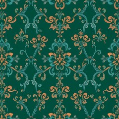 Fototapeta premium Emerald Green Damask Pattern: A classic damask pattern in a vibrant emerald green with intricate details in a warm peach hue.