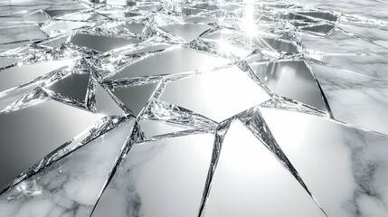 Shattered mirror pieces on marble surface.
